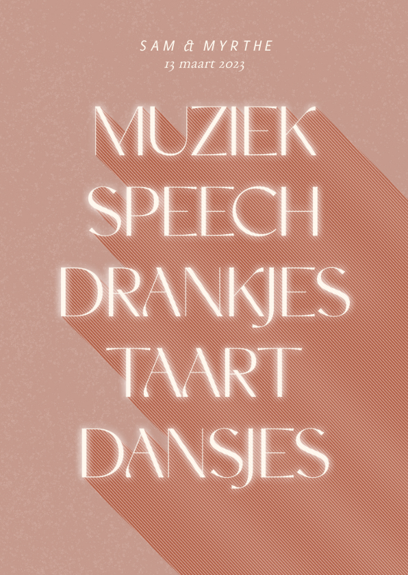 Typografische trouwkaart met opsomming en diepte effect roze - Trouwkaarten Trouwkaarten - Typografische trouwkaart met opsomming en diepte effect roze