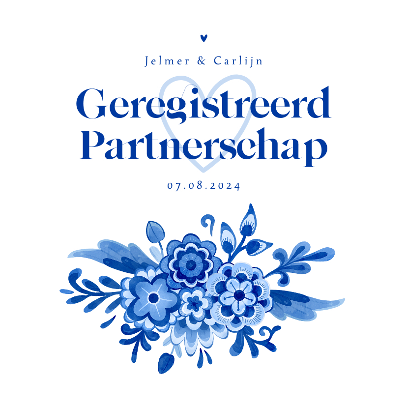 Trouwkaarten - Uitnodiging geregistreerd partnerschap bloemen Delfts blauw