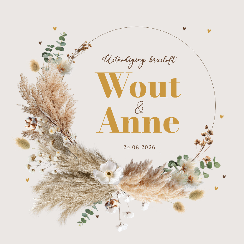 Trouwkaarten - Uitnodiging trouwkaart boho krans pampas