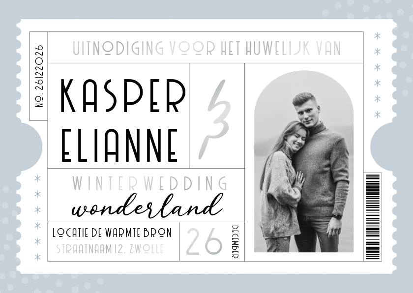 Uitnodiging trouwkaart winter wedding ticket blauw Uitnodiging trouwkaart winter wedding ticket blauw