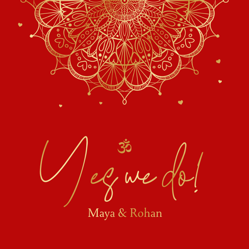 Trouwkaarten - uitnodigingskaart rood mandala hartjes hindoestaans goud