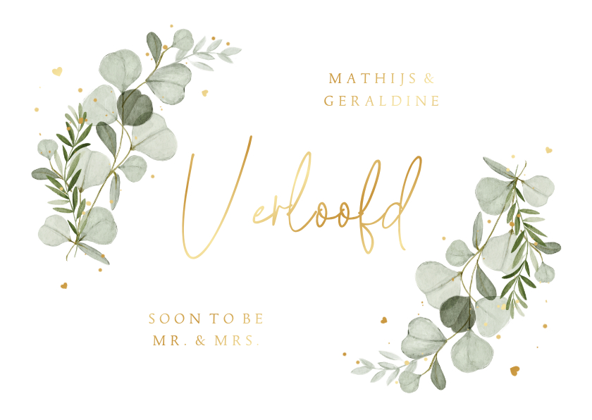Verlovingskaart eucalyptus goud hartjes stijlvol - Trouwkaarten Trouwkaarten - Verlovingskaart eucalyptus goud hartjes stijlvol