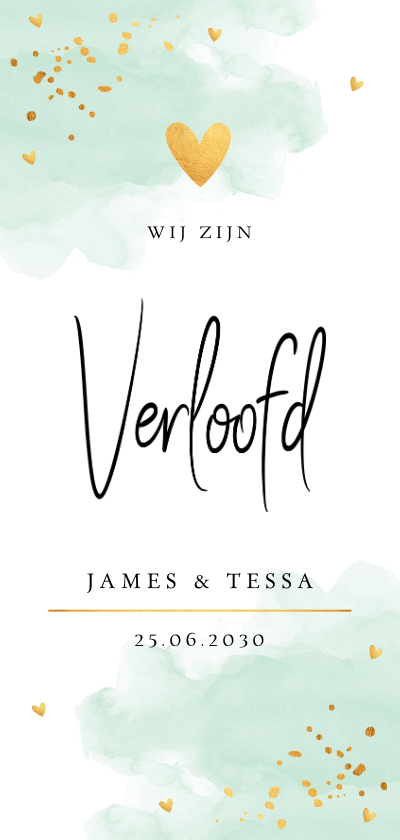 Verlovingskaart watercolour mintgroen goudlook - Trouwkaarten Trouwkaarten - Verlovingskaart watercolour mintgroen goudlook