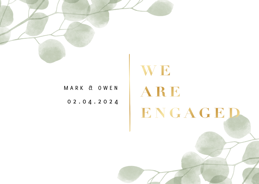 Verlovingskaart waterverf eucalyptus gouden 'we are engaged'
