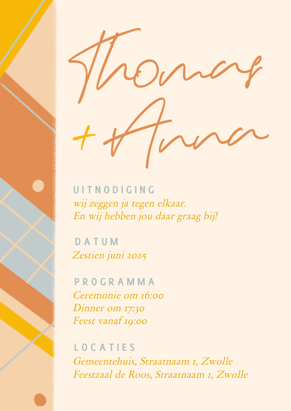 Trouwkaarten - Vrolijke enkele trouwkaart met geometrische vormen