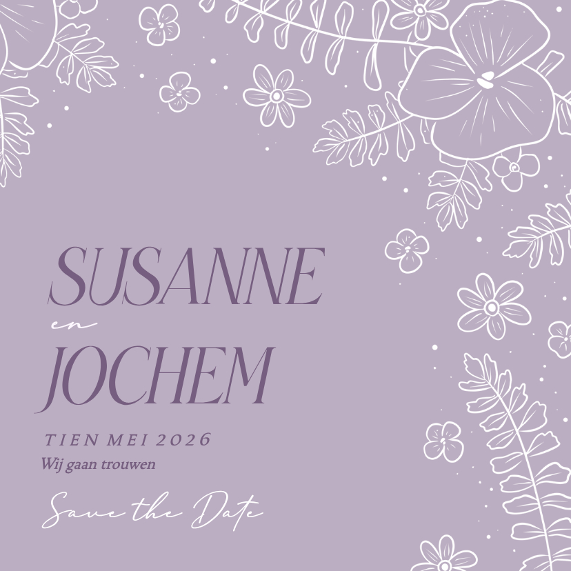 Trouwkaarten - Vrolijke save the date kaart met bloemenkader in lila