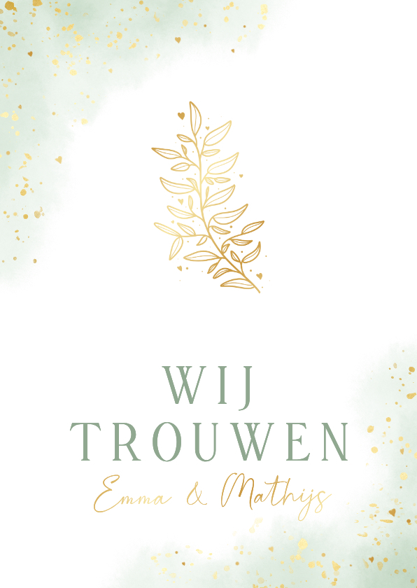 Waterverf trouwkaart groen met goudfolie takje - Trouwkaarten Trouwkaarten - Waterverf trouwkaart groen met goudfolie takje