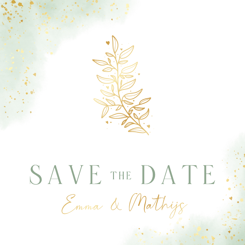 Trouwkaarten - Waterverf trouwkaart save the date met goudfolie takje
