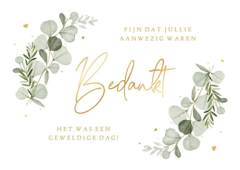 Trouwkaarten - Wave vorm kaart bedankt eucalyptus spetters hartjes goud
