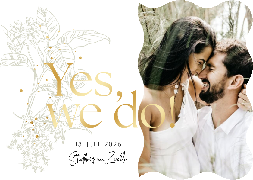 Trouwkaarten - Wavevorm trouwkaart lijnillustratie botanisch foto goud