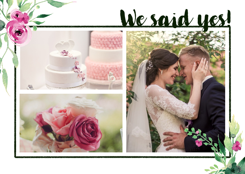 We said yes! Trouwkaart Stijlvol wit met bloemen - Trouwkaarten Trouwkaarten - We said yes! Trouwkaart Stijlvol wit met bloemen