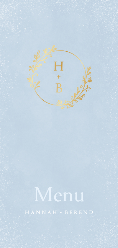 Trouwkaarten - Winters trouwmenu in lichtblauw met ornament en initialen