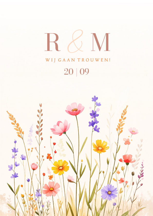 Zomerse uitnodiging bruiloft met gemengde bloemen aquarel - Trouwkaarten Trouwkaarten - Zomerse uitnodiging bruiloft met gemengde bloemen aquarel