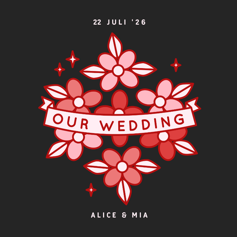 Trouwkaarten - Zwarte trouwkaart met rode en roze bloemen illustraties
