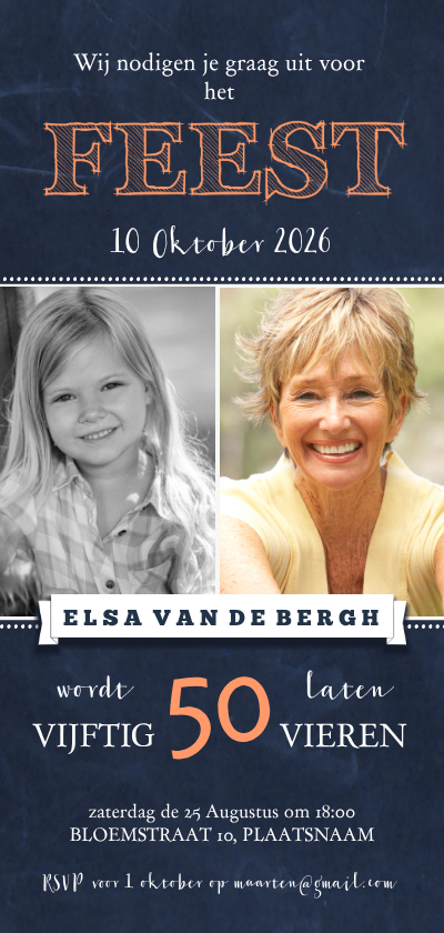 Uitnodigingen - 50 jaar feest schoolbord strepen