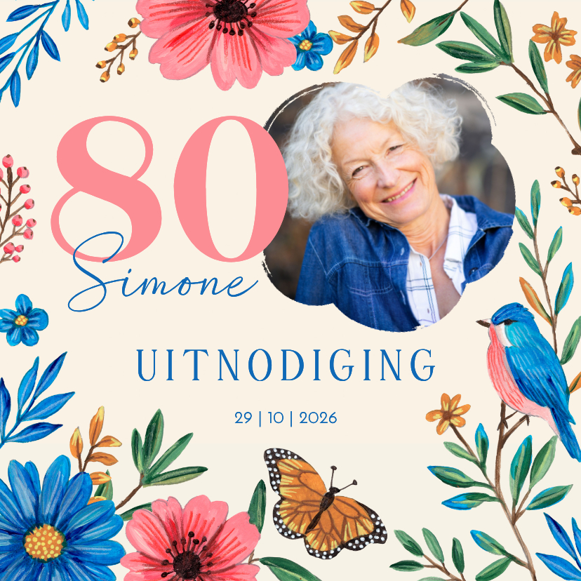 80e Verjaardag Uitnodiging met Bloemen en Foto - Uitnodigingen Uitnodigingen - 80e Verjaardag Uitnodiging met Bloemen en Foto
