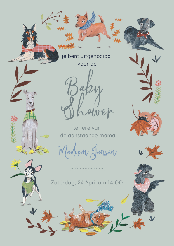 Babyshower honden botanisch blauw - Uitnodigingen Uitnodigingen - Babyshower honden botanisch blauw