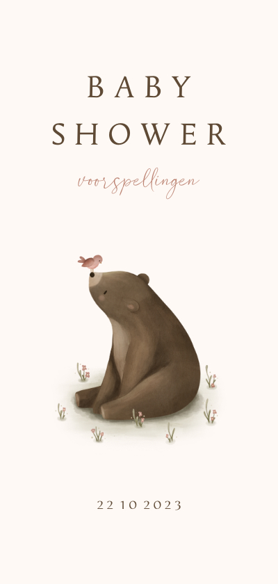 Babyshower invulkaartje met een beer en roze vogeltje - Uitnodigingen Uitnodigingen - Babyshower invulkaartje met een beer en roze vogeltje
