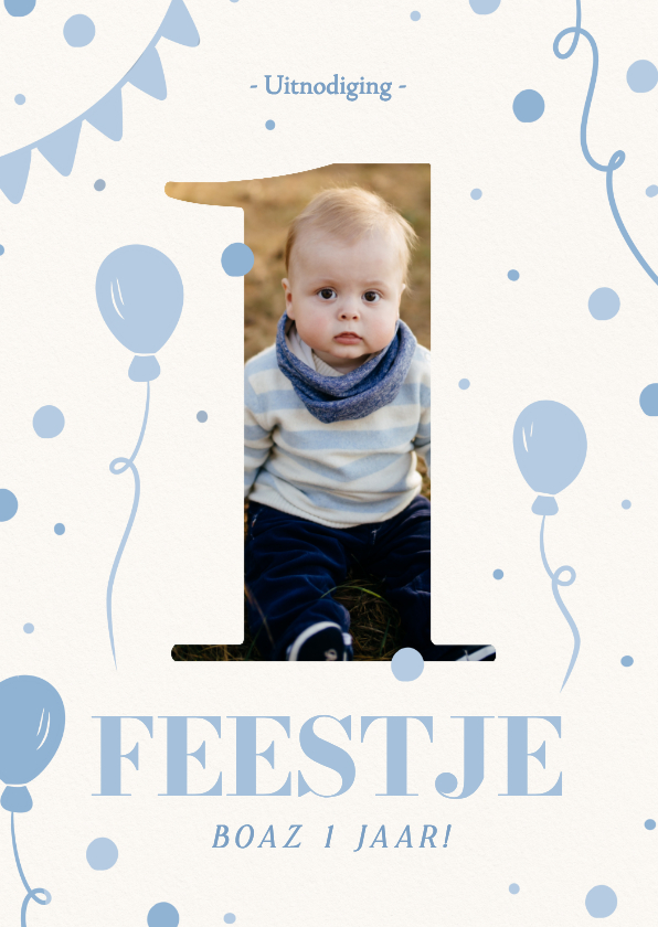 Blauwe uitnodiging eerste verjaardag jongentje met foto - Uitnodigingen Uitnodigingen - Blauwe uitnodiging eerste verjaardag jongentje met foto