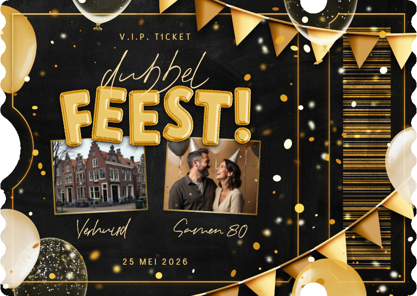 Uitnodigingen - Dubbel feest ticket uitnodiging met ballonnen en confetti