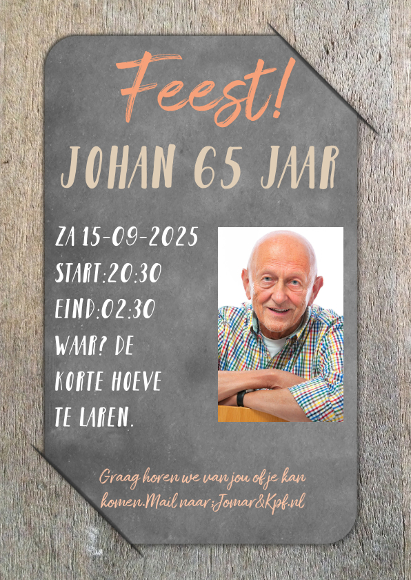 Uitnodigingen - Feest jarig foto en hout RB