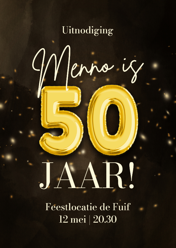 Uitnodigingen - Feestelijke uitnodiging 50 jaar folieballon confetti