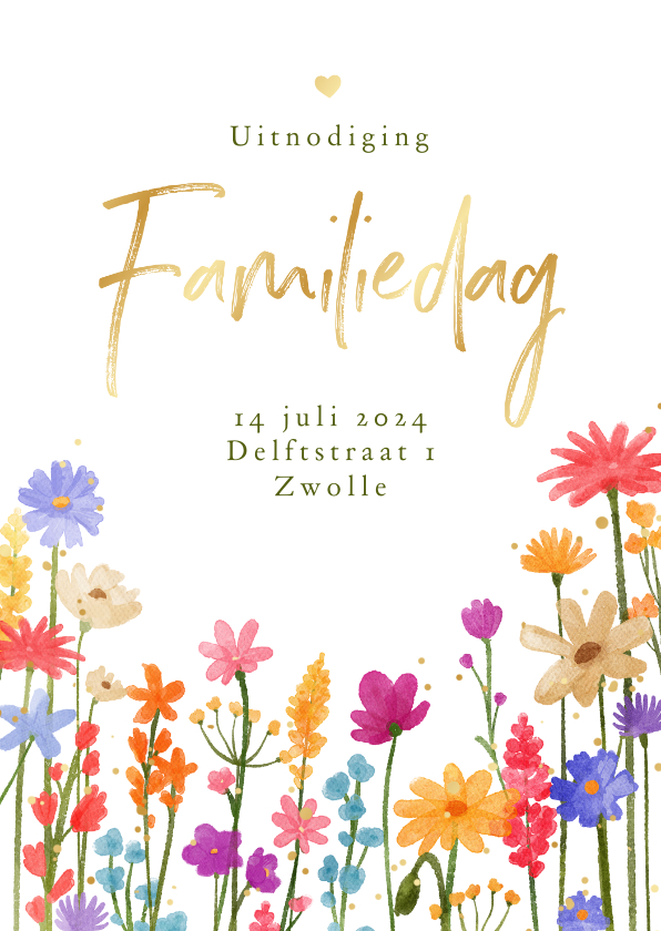 Uitnodigingen - Fleurige uitnodigingskaart familiedag bloemen waterverf goud