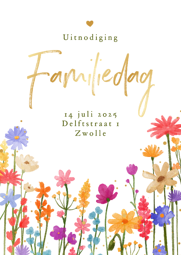 Uitnodigingen - Fleurige uitnodigingskaart familiedag bloemen waterverf goud