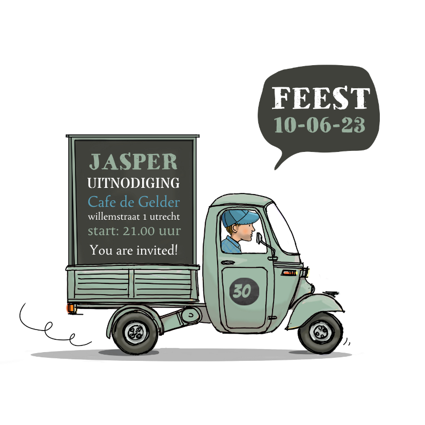 Uitnodigingen - Grappige uitnodiging driewieler met bord