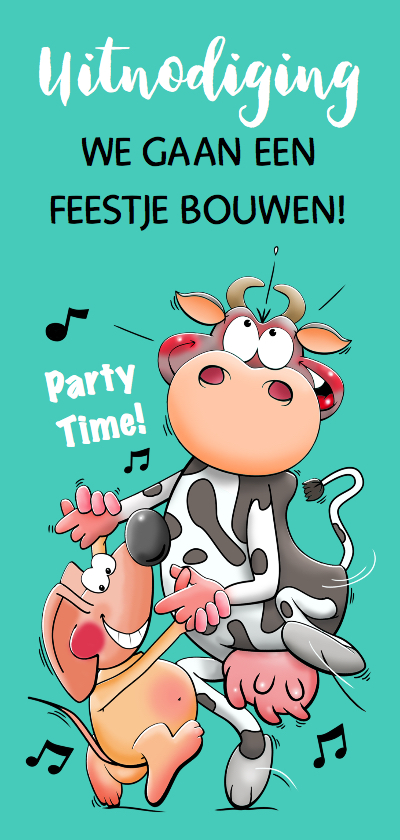 Uitnodigingen - Grappige uitnodiging met dansende koe en muis