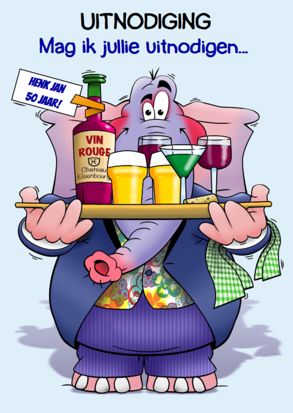 Grappige uitnodiging olifant met glazen bier en wijn - Uitnodigingen Uitnodigingen - Grappige uitnodiging olifant met glazen bier en wijn