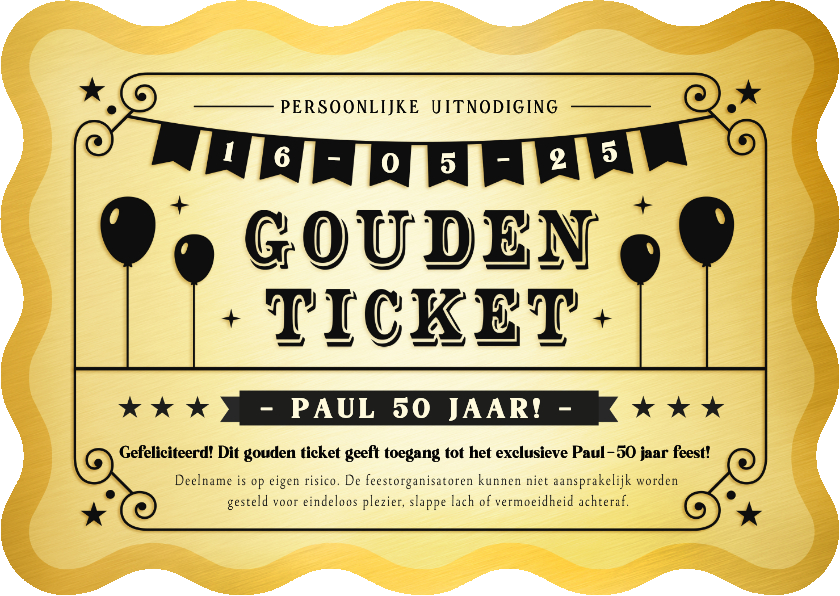 Uitnodigingen - Grappige uitnodiging verjaardag feest gouden ticket