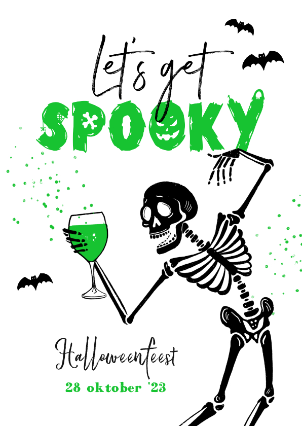 Uitnodigingen - Halloweenfeest let's get spooky skelet vleermuizen wijn