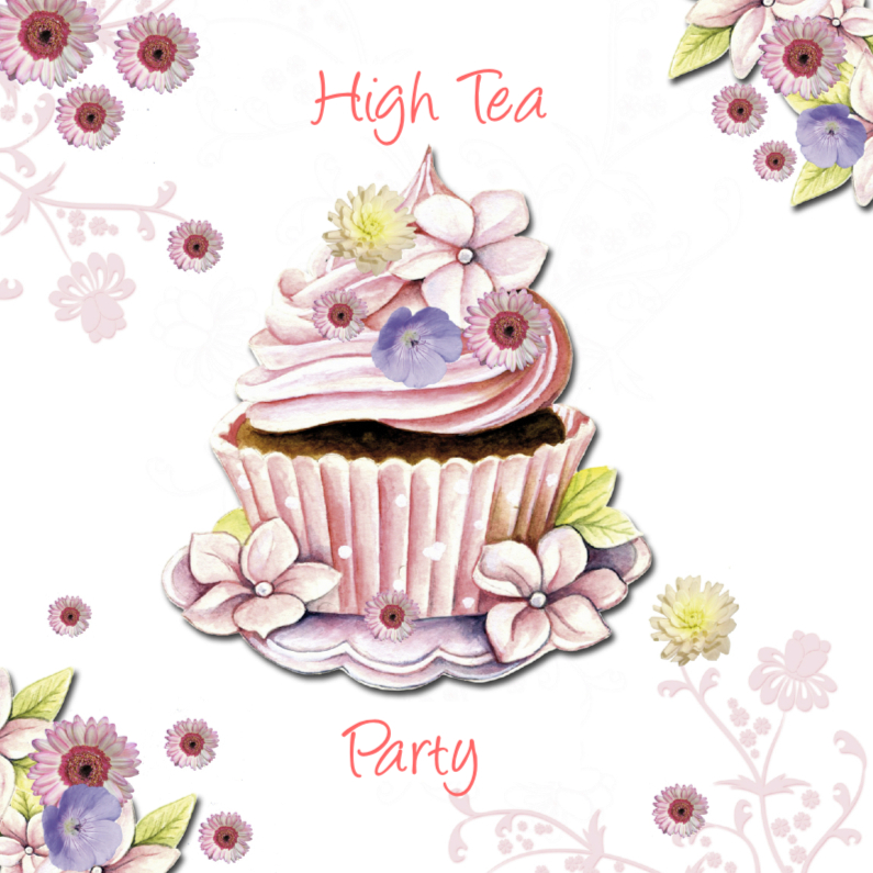 high Tea met cupcake bloemen - Uitnodigingen Uitnodigingen - high Tea met cupcake bloemen