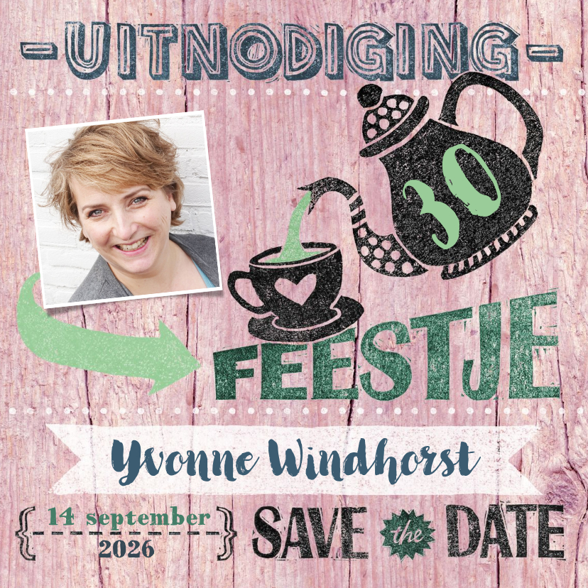 Uitnodigingen - High tea uitnodiging vrouw roze hout stempel