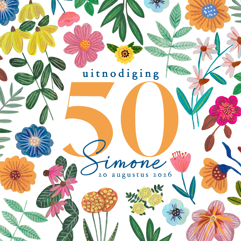 Uitnodigingen - Hip moderne uitnodiging 50 jaar bloemen vrouwelijk feest