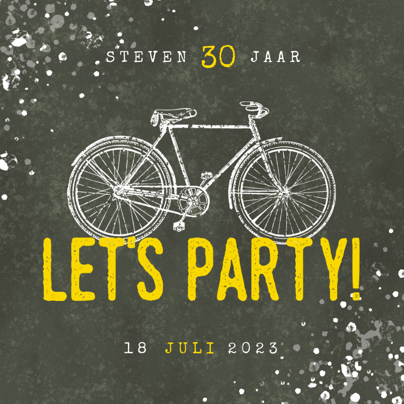 Uitnodigingen - Hippe uitnodiging 30 jaar met fiets, Let's Party en spetters