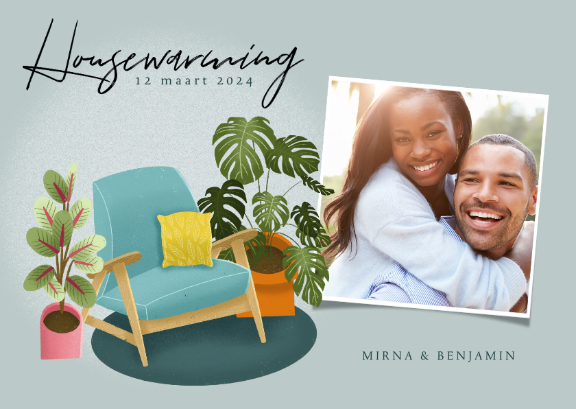 Hippe uitnodiging housewarming met planten, stoel en foto - Uitnodigingen Uitnodigingen - Hippe uitnodiging housewarming met planten, stoel en foto