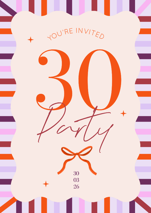 Uitnodigingen - Hippe uitnodiging kleurrijke strepen lila verjaardag strik