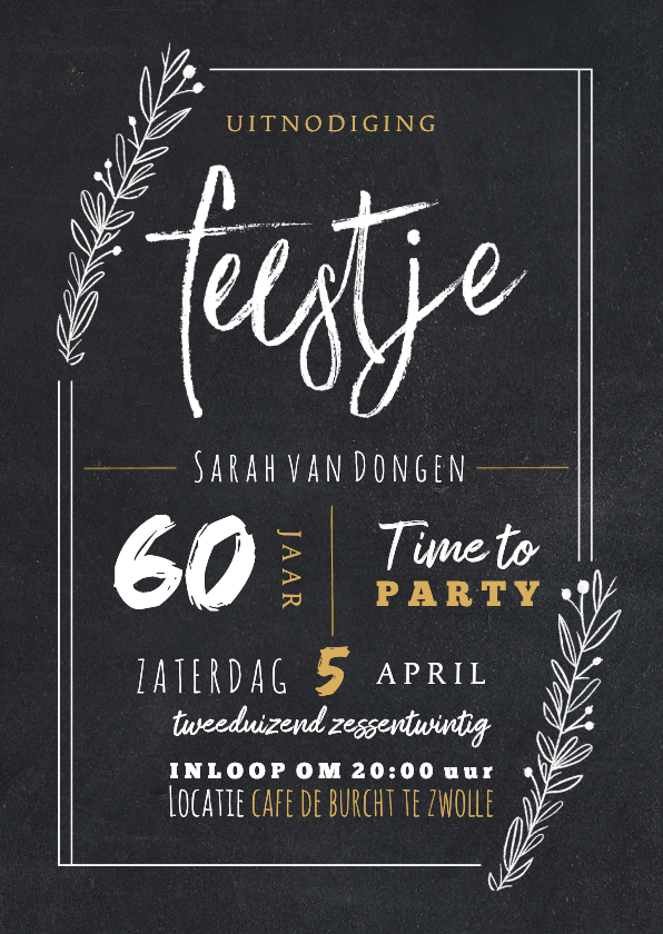 Hippe uitnodiging krijtbord look met feestje en takjes - Uitnodigingen Uitnodigingen - Hippe uitnodiging krijtbord look met feestje en takjes