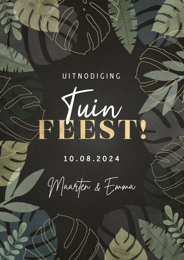Uitnodigingen - Hippe uitnodiging tuinfeest met junglekader en typografie