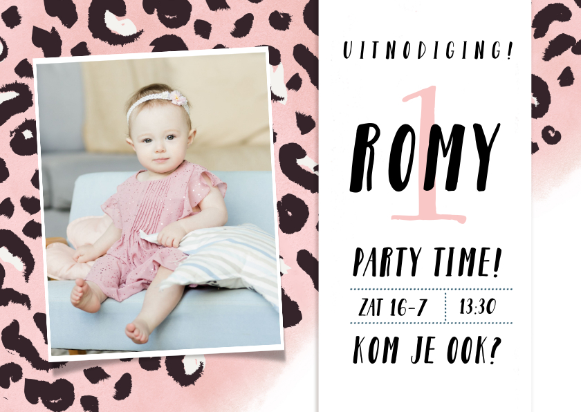 Uitnodigingen - Hippe uitnodiging verjaardag kind met roze luipaard patroon
