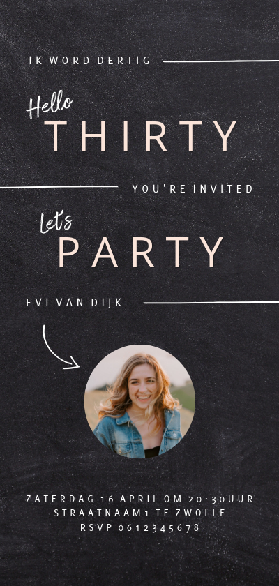 Hippe uitnodiging verjaardagsfeest vrouw krijtbord look - Uitnodigingen Uitnodigingen - Hippe uitnodiging verjaardagsfeest vrouw krijtbord look