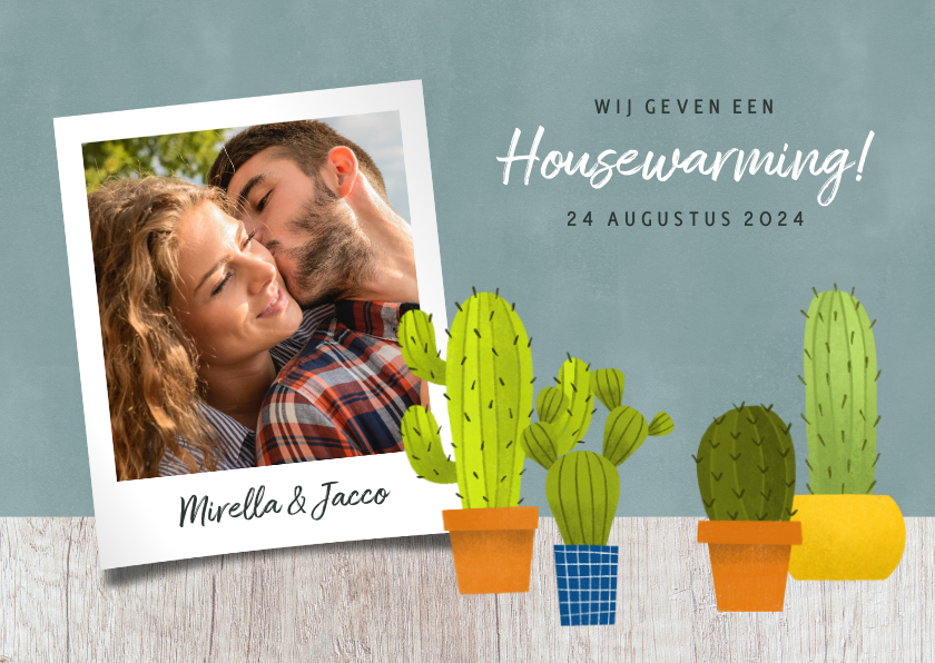 Hippe uitnodiging voor een housewarming met cactussen & hout - Uitnodigingen Uitnodigingen - Hippe uitnodiging voor een housewarming met cactussen & hout