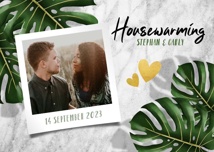 Uitnodigingen - Hippe uitnodiging voor housewarming met bladeren en marmer