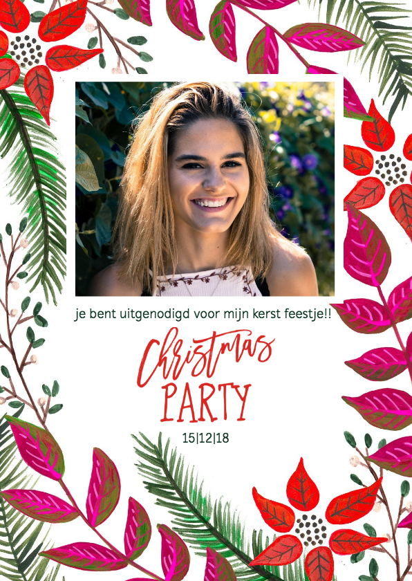 Uitnodigingen - Kerstfeest dennen takjes en bloemen