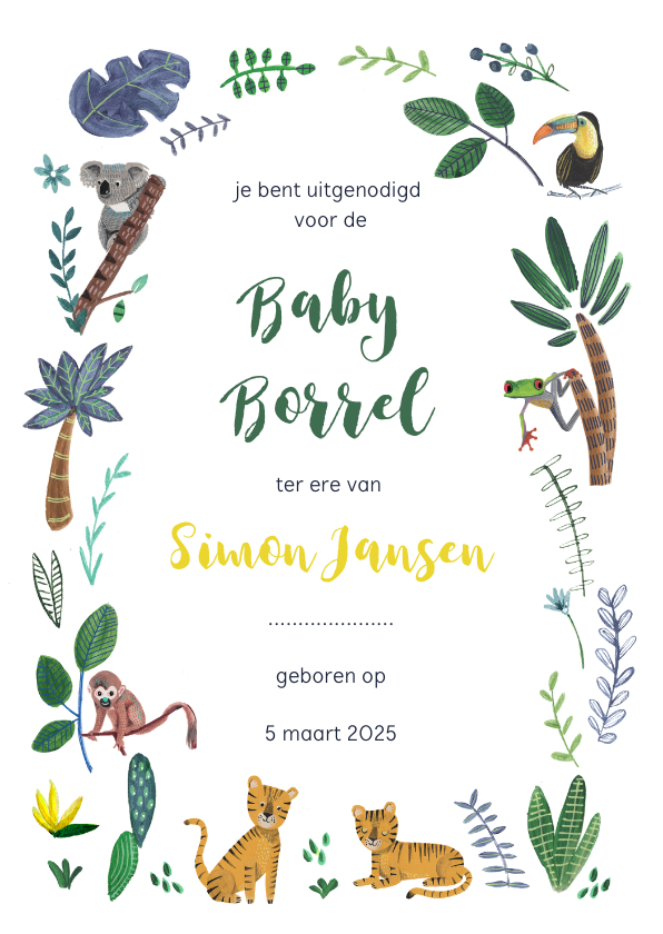 Uitnodigingen - Kraamfeest of Baby Borrel uitnodiging jungle tijgers