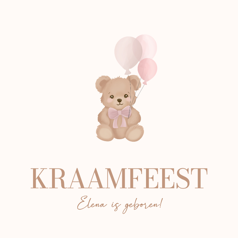 Kraamfeest uitnodiging meisje met teddybeertje en ballonnen - Uitnodigingen Uitnodigingen - Kraamfeest uitnodiging meisje met teddybeertje en ballonnen