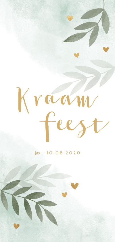 Kraamfeest waterverf mintgroen takjes gouden hartjes - Uitnodigingen Uitnodigingen - Kraamfeest waterverf mintgroen takjes gouden hartjes