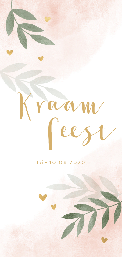 Kraamfeest waterverf roze takjes gouden hartjes - Uitnodigingen Uitnodigingen - Kraamfeest waterverf roze takjes gouden hartjes